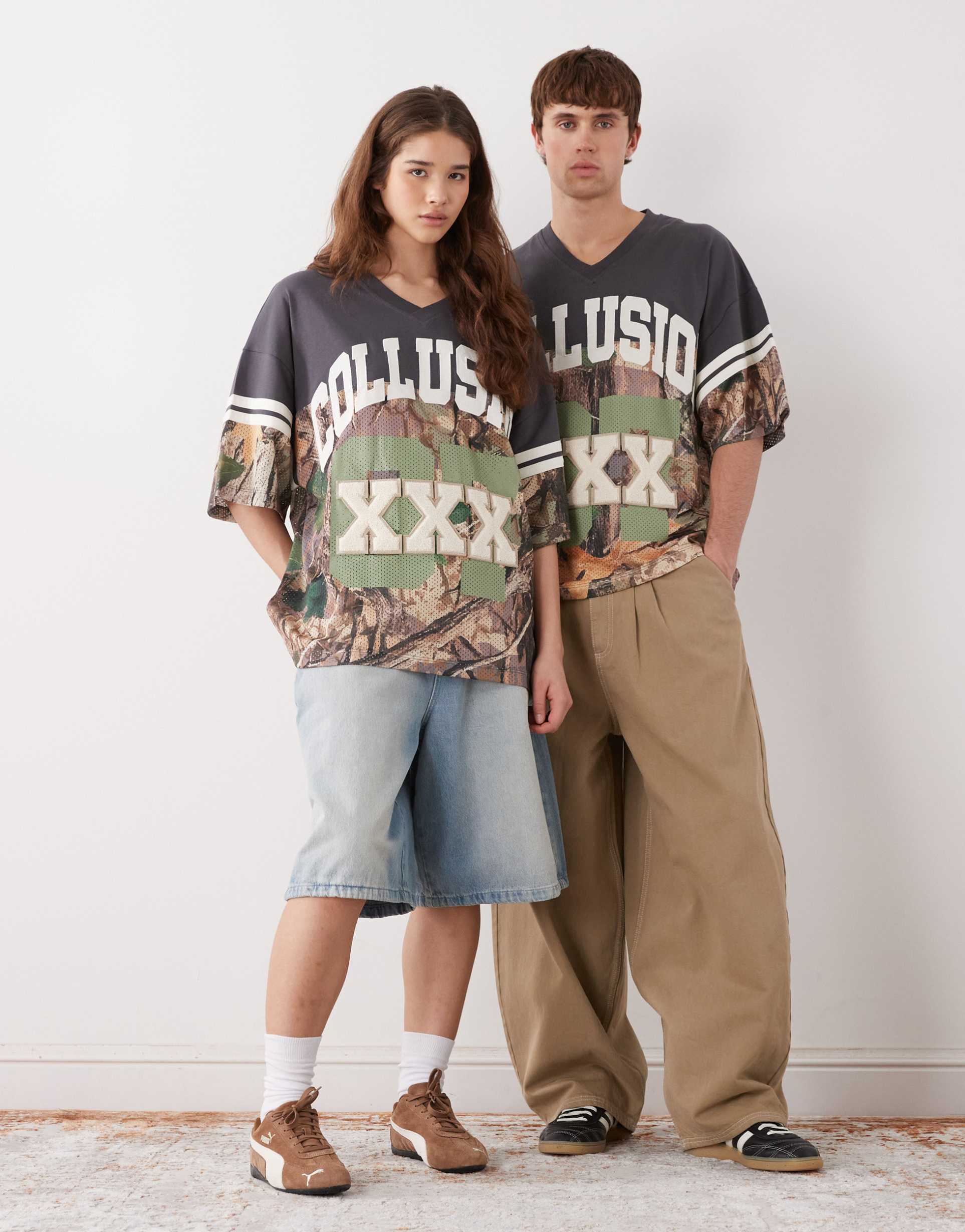 collusion unisex camo sports oversized jersey in khaki