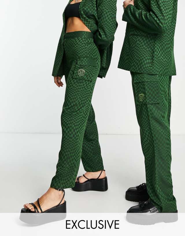 Collusion - unisex cargo utility trouser in warped checkerboard print