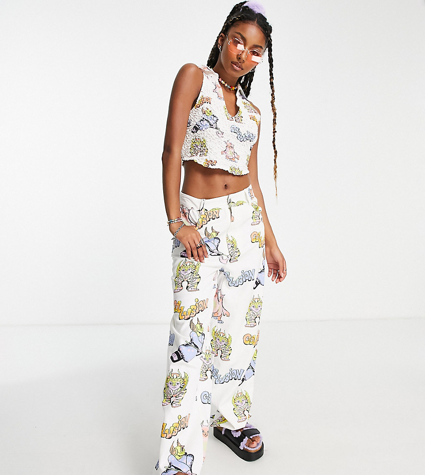 COLLUSION Unisex cartoon print 90s straight leg pants in white - part of a set