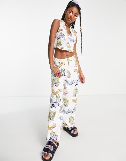 COLLUSION Unisex cartoon print 90s straight leg pants in white