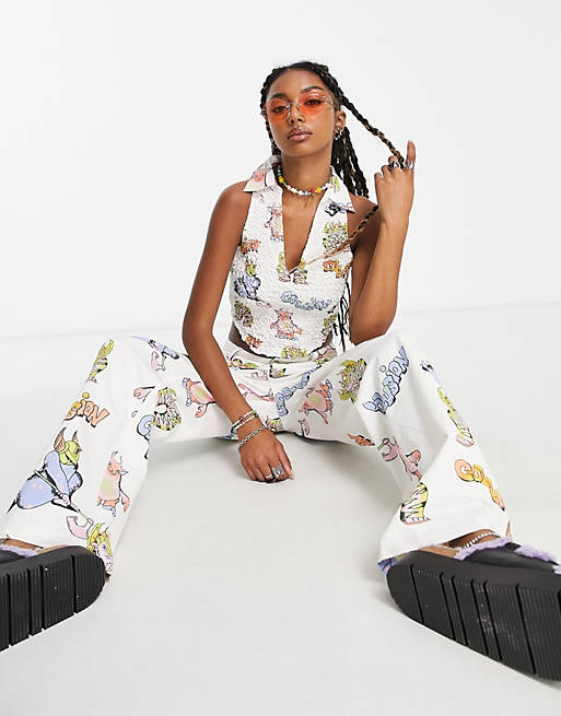 COLLUSION Unisex cartoon print 90s straight leg pants in white - part of a  set | ASOS