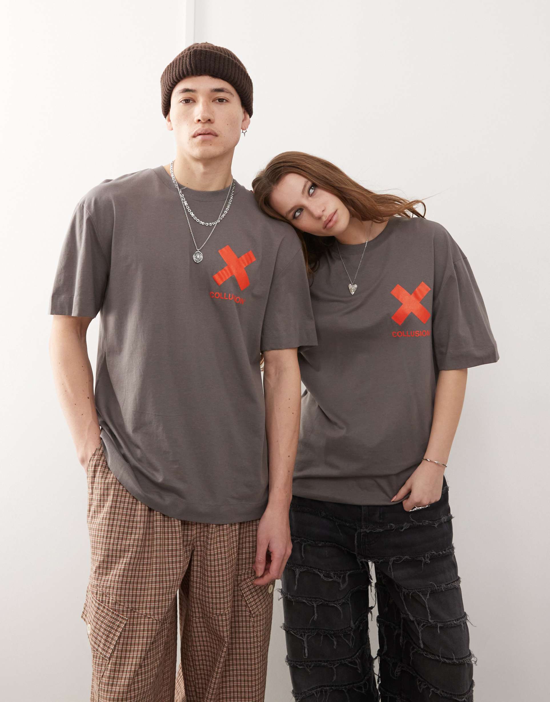 collusion unisex charcoal t-shirt with x logo in orange