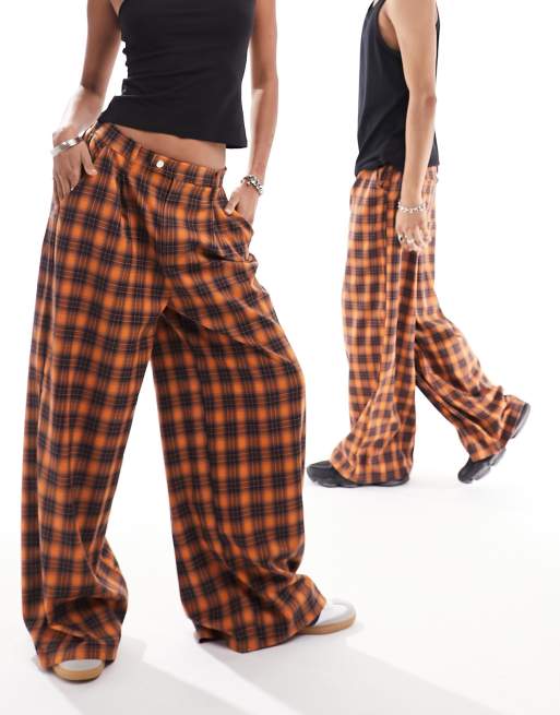 Red Tartan Check Wide Leg Pants, Pants