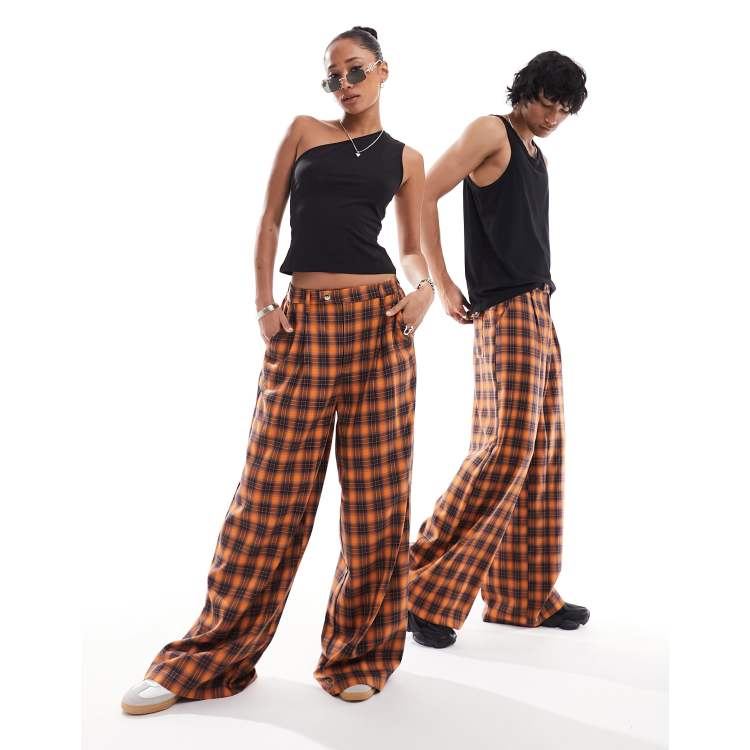 COLLUSION Unisex check wide leg trousers in orange ASOS