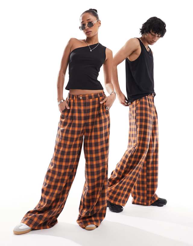 Collusion - unisex check wide leg trousers in orange