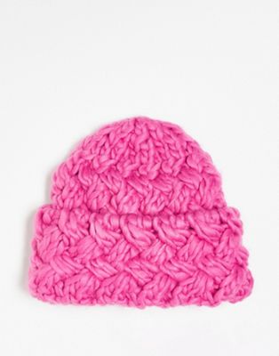 COLLUSION Unisex chunky crochet knit beanie in bright pink - ASOS Price Checker
