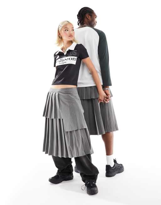 COLLUSION Unisex – Ciemnoszara spódnica typu kilt w szare paski o wydłużonym fasonie
