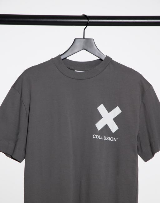 COLLUSION Unisex – Ciemnoszary bawełniany T-shirt z logo – GREY, 3 z 4