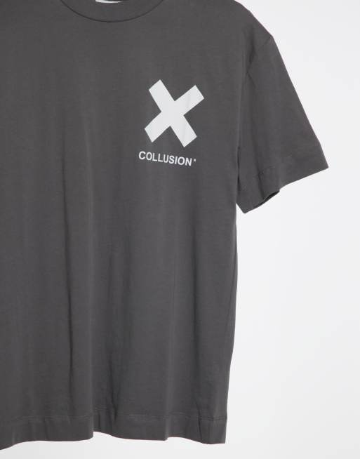 COLLUSION Unisex – Ciemnoszary bawełniany T-shirt z logo – GREY, 4 z 4