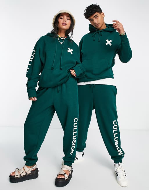 COLLUSION Unisex – Ciemnozielona bluza z kapturem i logo