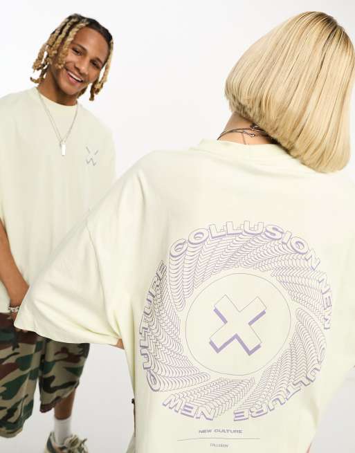 COLLUSION Unisex circle logo back print t-shirt in washed ecru | ASOS