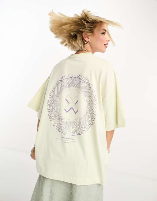 COLLUSION Unisex circle logo back print t-shirt in washed ecru | ASOS