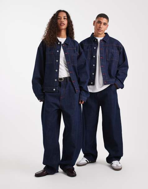 COLLUSION Unisex Circular Design Collection antifit jean in rinse with red topstitch