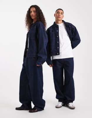 Collusion Unisex Circular Design Collection Boxy Denim Jacket In Blue