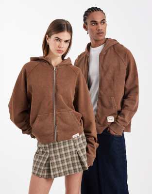 COLLUSION Unisex - Circular Design Collection - Schwere, kastige Kapuzenjacke in verwaschenem Braun-Brown