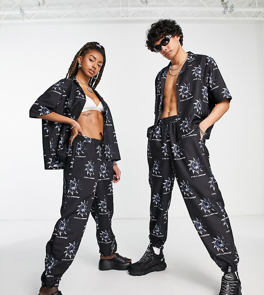 COLLUSION Unisex co-ord noughties fit joggers with all over print in black