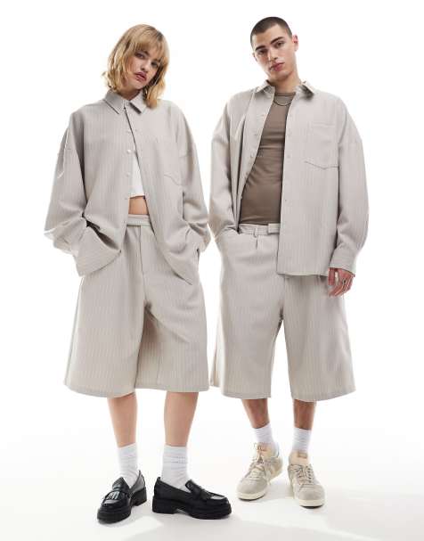 COLLUSION unisex co-ord relaxed wide leg tailored shorts in sand pinstripe - view 1