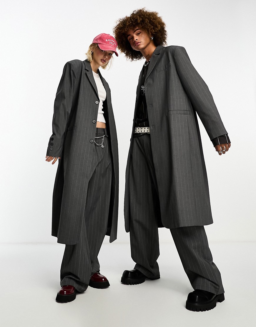 COLLUSION Unisex co-ord tailored longline blazer in grey pinstripe-Black