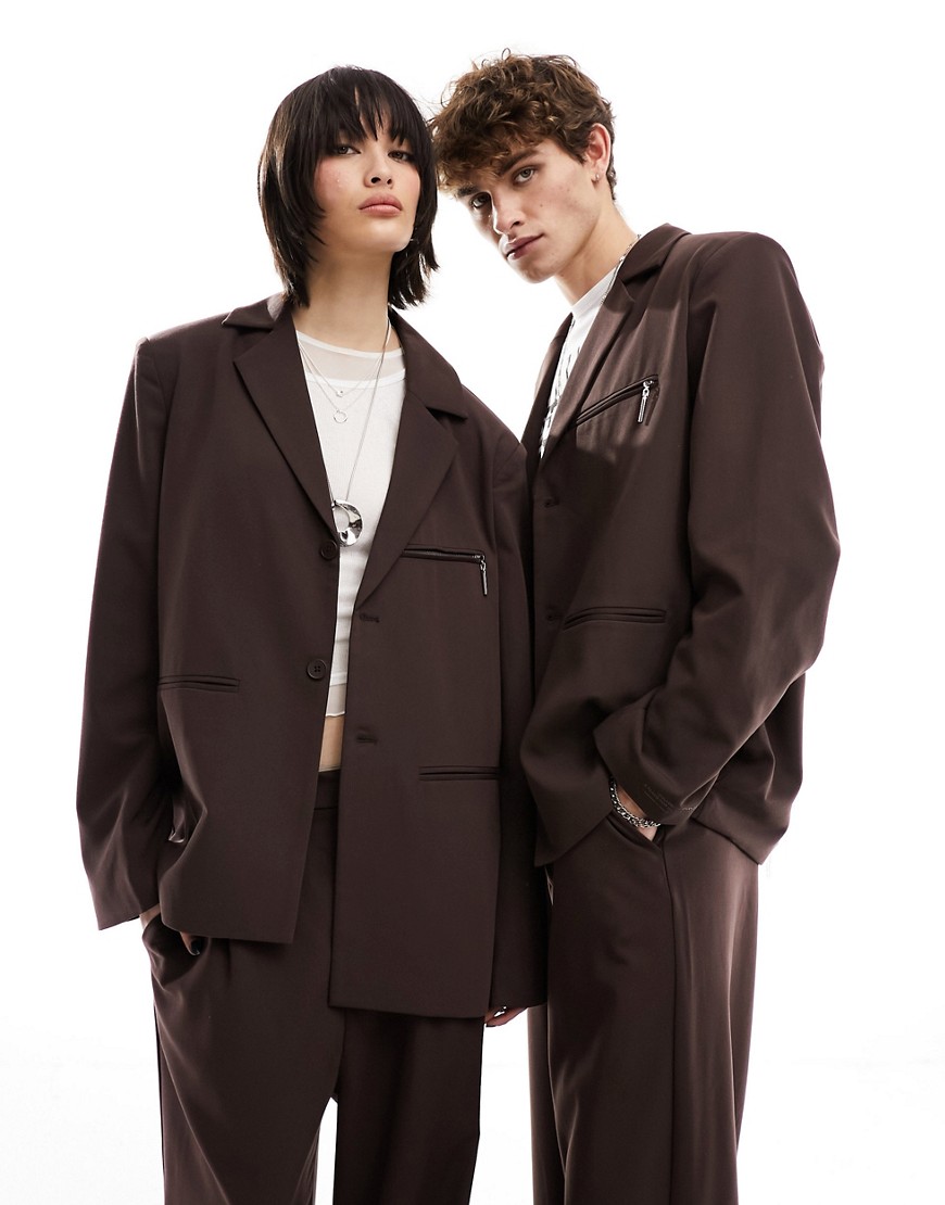 COLLUSION UNISEX co-ord ultimate suit blazer in dark brown-No colour