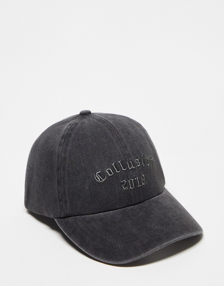 Collusion Unisex Collegiate Tonal Branded Cap In Washed Black