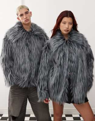 Collusion Unisex Contrast Tipped Faux Fur Jacket In Gray