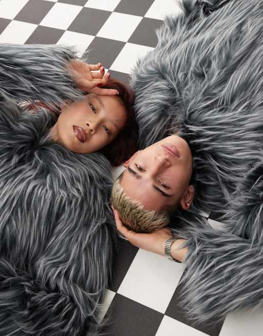 COLLUSION Unisex contrast tipped faux fur jacket in gray | ASOS
