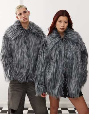 Collusion Unisex contrast tipped faux fur jacket in grey