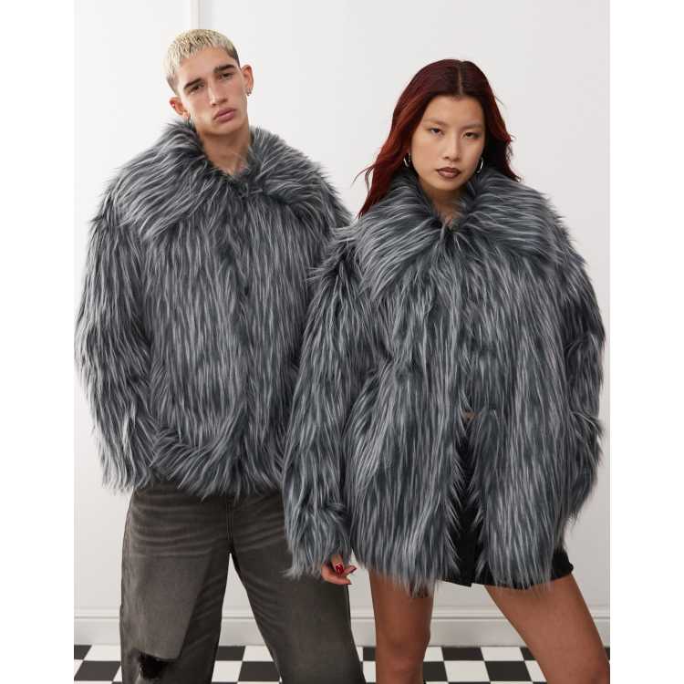 COLLUSION Unisex contrast tipped faux fur jacket in grey | ASOS