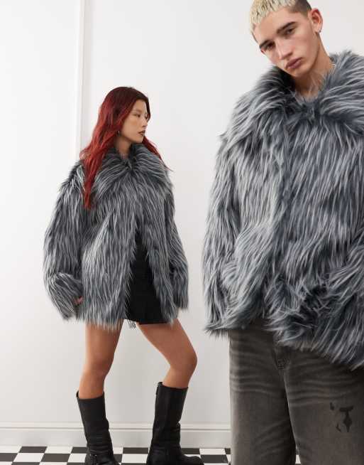 COLLUSION Unisex contrast tipped faux fur jacket in grey ASOS