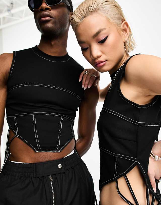 COLLUSION Unisex corset detail crop top in black