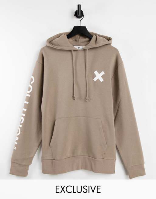 COLLUSION Unisex cotton logo hoodie in light brown - BROWN