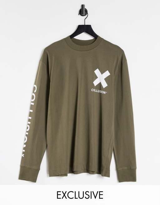 Collusion Unisex Cotton Long Sleeve Logo T Shirt In Khaki Mgreen Asos 9811