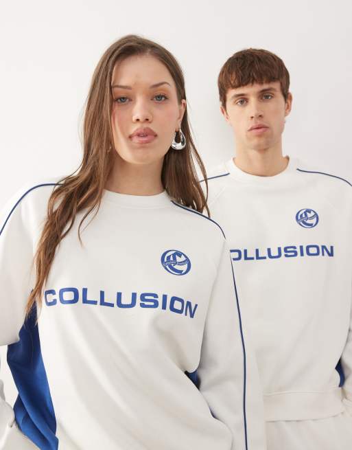 COLLUSION Unisex - Cremehvid og blåt fodbold-sweatshirt i firkantet pasform - Del af sæt, 4 af 4