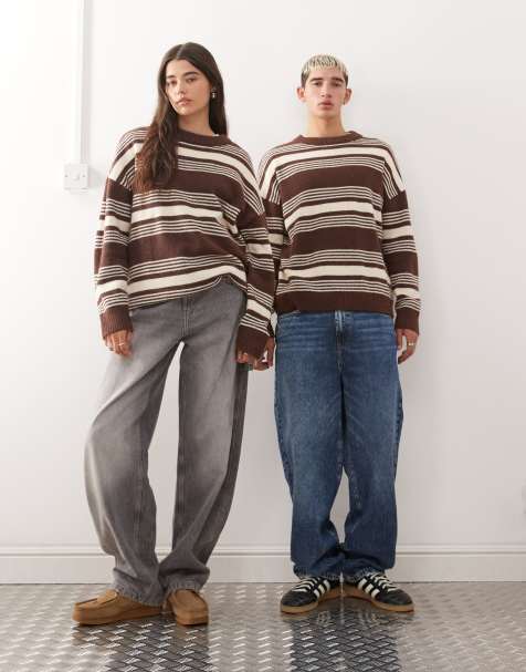 COLLUSION UNISEX crew neck stripe jumper in brown - view 1