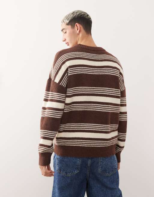 COLLUSION UNISEX crew neck stripe jumper in brown, 2 of 4