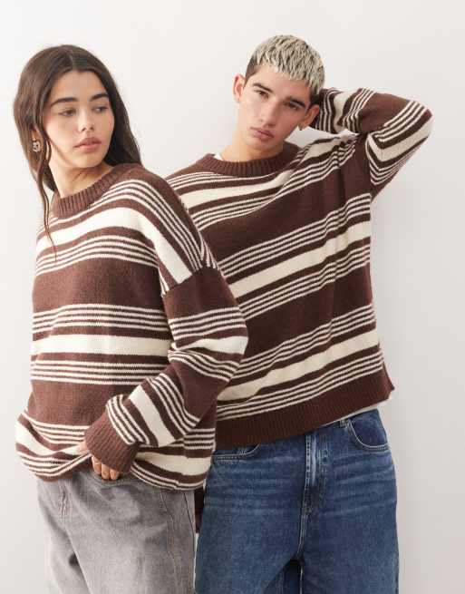COLLUSION UNISEX crew neck stripe jumper in brown, 4 of 4