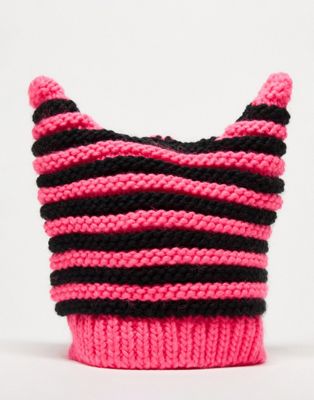 COLLUSION Unisex crochet beanie with ears in pink and black stripe
