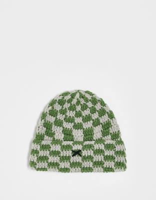Collusion Unisex Crochet Checkerboard Beanie In Green And Gray