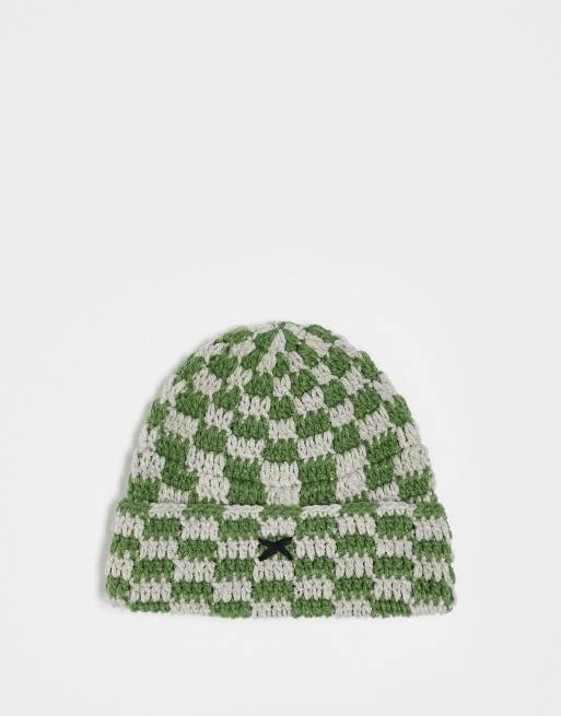 COLLUSION Unisex crochet checkerboard beanie in green and gray