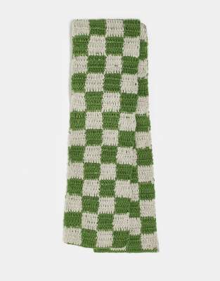 Unisex crochet checkerboard scarf in green and gray