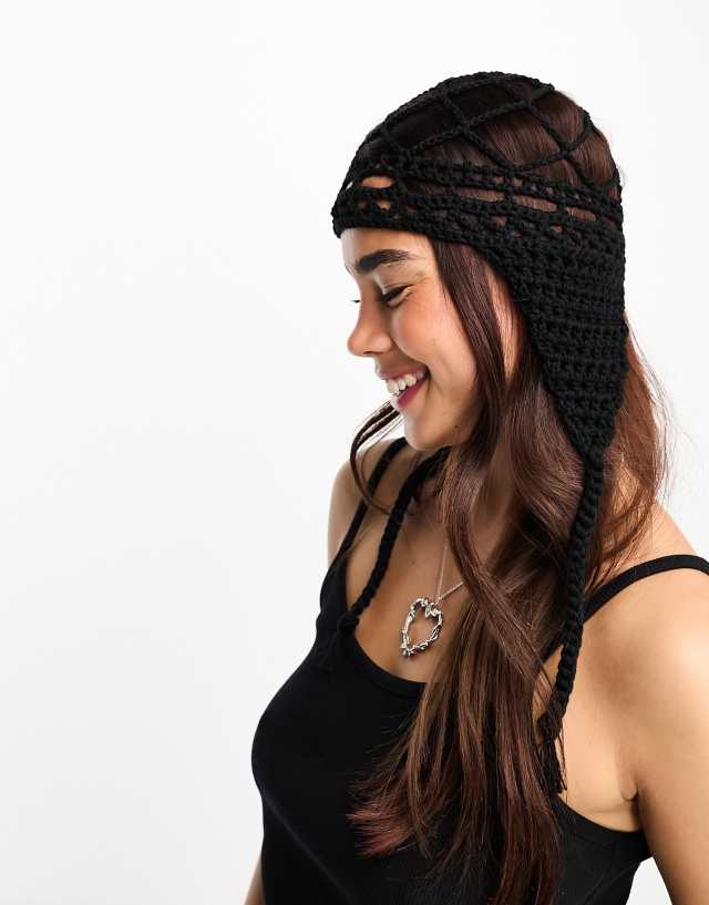 COLLUSION Unisex crochet festival skull cap with tie detail in black