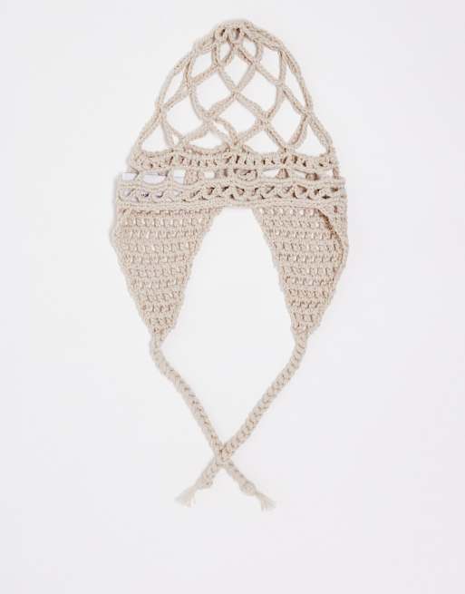 COLLUSION Unisex crochet festival skull cap with tie detail in neutral