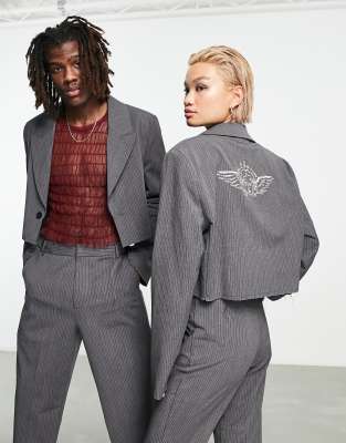 Collusion COLLUSION Unisex cropped blazer with angel graphic in black stripe co-ord