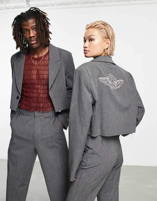 COLLUSION Unisex cropped blazer with angel graphic & pants set in black stripe, 2 of 3