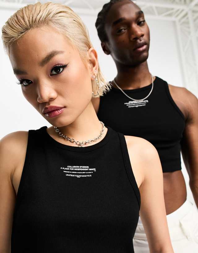 COLLUSION Unisex cropped logo tank top in black