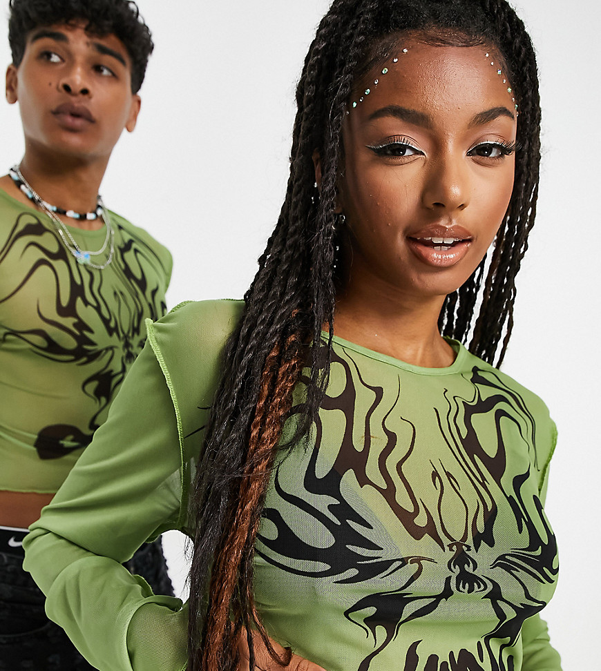 COLLUSION Unisex cropped long sleeve mesh T-shirt with print in green