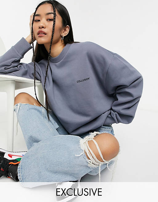  COLLUSION Unisex cropped sweatshirt in charcoal co-ord 