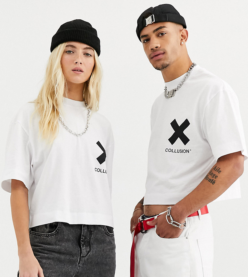 COLLUSION - Unisex cropped T-shirt met logo in wit