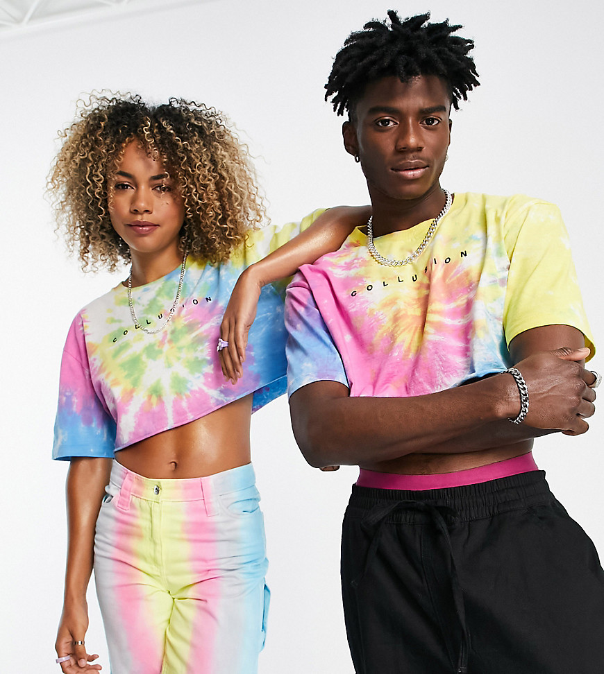 COLLUSION Unisex cropped tie dye t-shirt with logo print-Multi