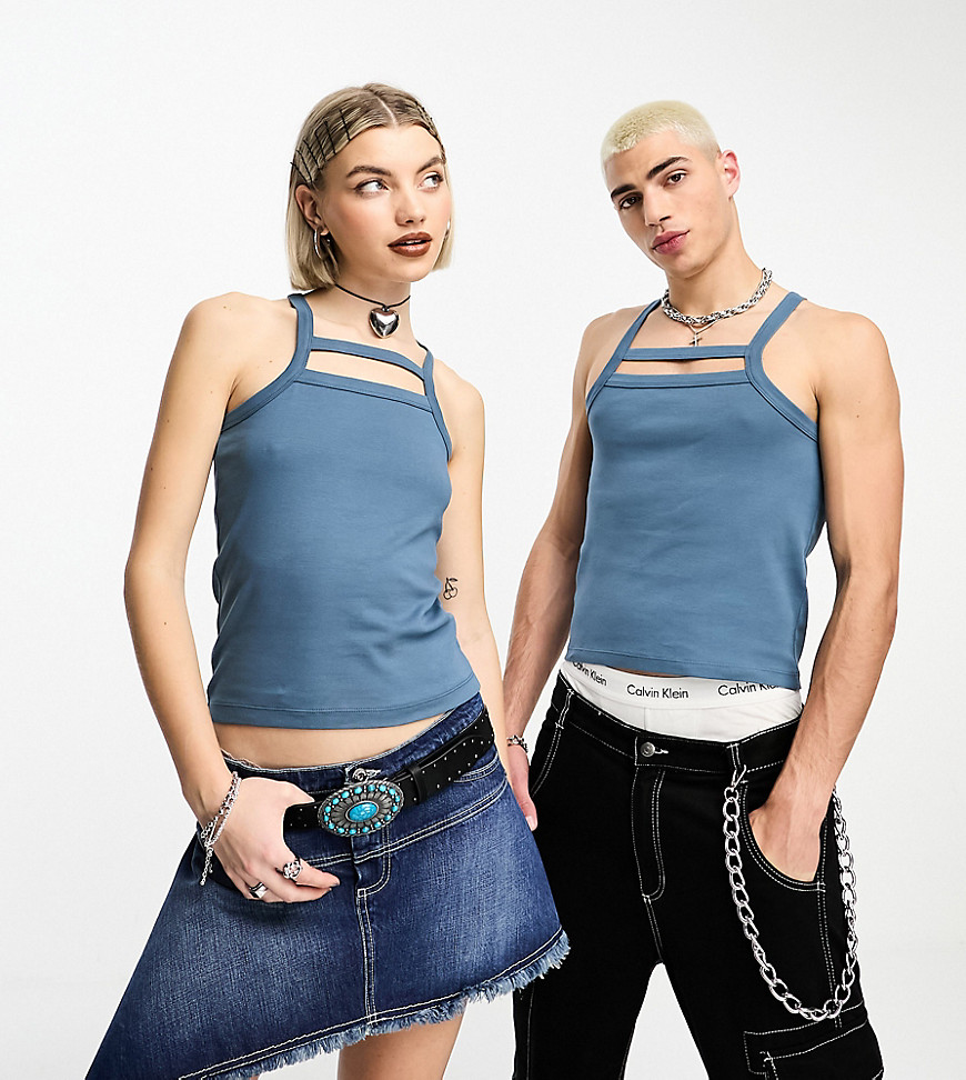 COLLUSION Unisex cut out racer vest in washed blue